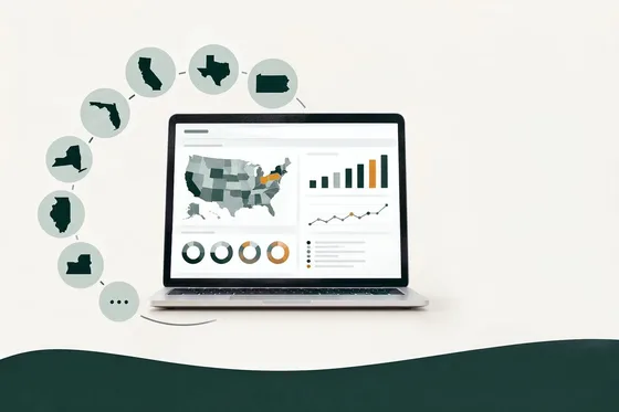 A laptop showing a school-based Medicaid analytics dashboard with a U.S. map, trend and distribution charts, ringed by state outlines including California, Texas, Pennsylvania, Florida, New York, Illinois and Oregon