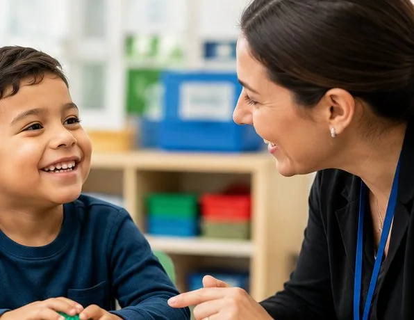 A school staff member working one-on-one with a smiling elementary student in a classroom.
